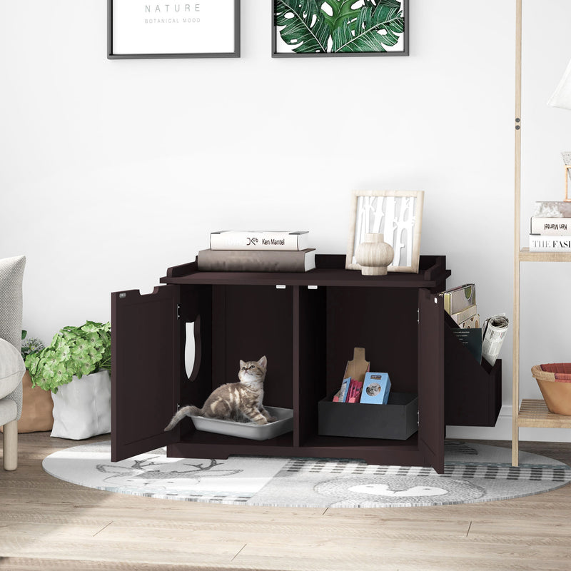 Wood Kitty Washroom Home with Tabletop and Storage Rack with Magnetic Doors