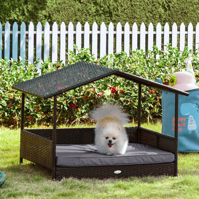 Wicker Pet House Dog Bed for Indoor/Outdoor Rattan Furniture with Cushion