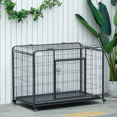 Indoor Grey Puppy Kennel w/ 4 Wheels &amp; Easy Folding Design