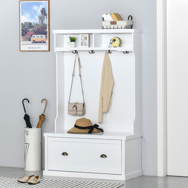 3-in-1 Hall Tree Open Wardrobe w/ Shoe Cabinet Bench 4 Hooks 2 Shelves White