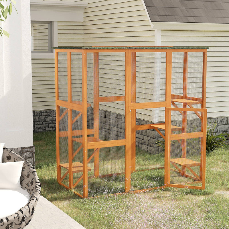 Large Catio Enclosure Shelter Cage w/ Weather Protection, 6 Cat Platforms