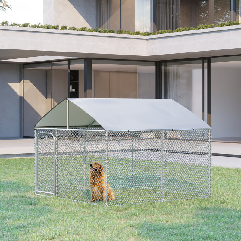 PawHut Dog Kennel Galvanized Steel Fence with Cover Outdoor