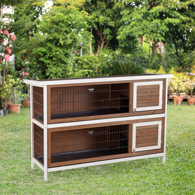 Wooden Rabbit Hutch w/ Dividers Asphalt Roof for Small Animals &amp; Outdoors