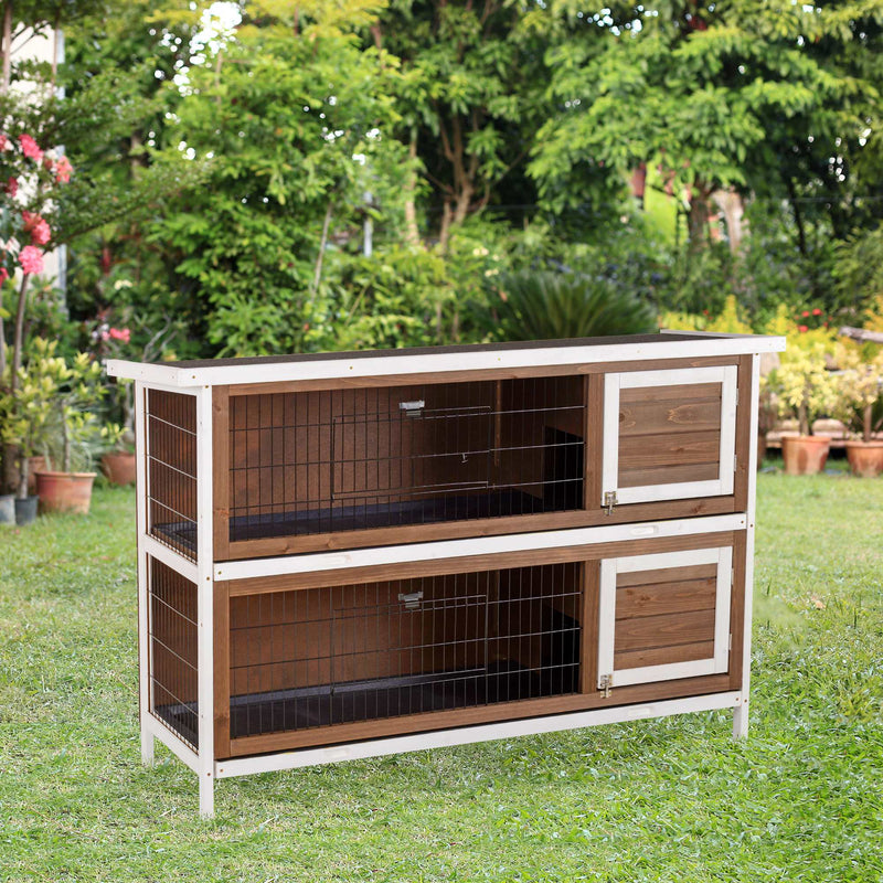 Wooden Rabbit Hutch w/ Dividers Asphalt Roof for Small Animals &amp; Outdoors