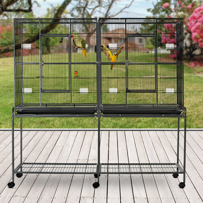 Rolling Bird Cage w/ Storage Shelf, Wood Perch, Food Container