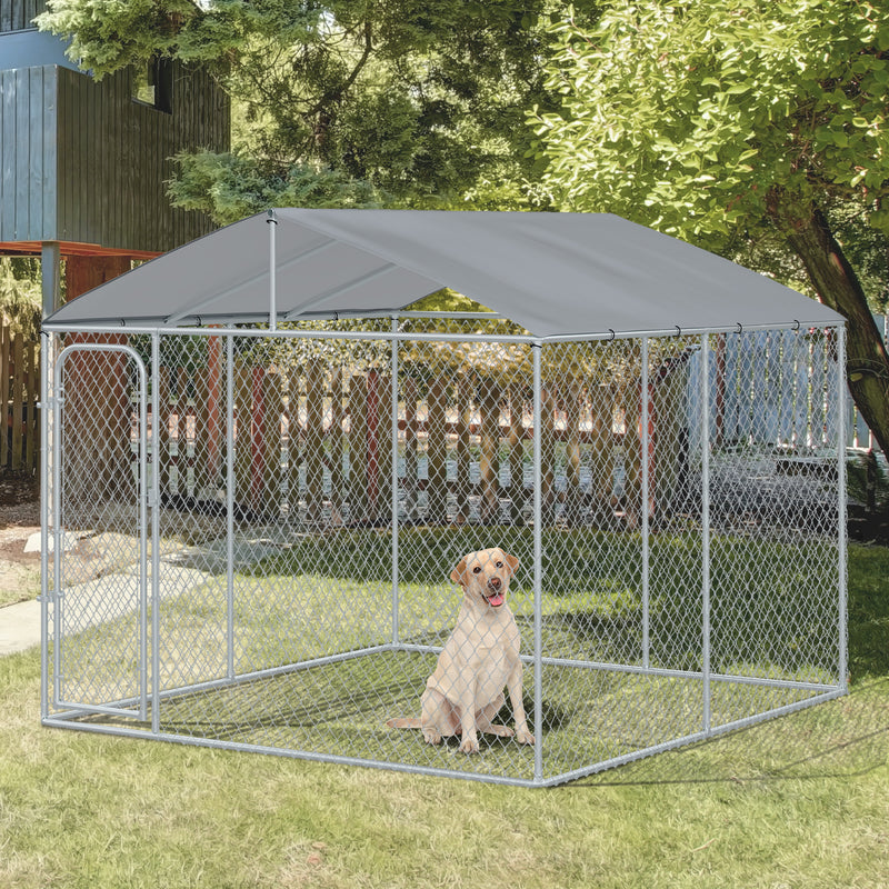 PawHut Dog Kennel Galvanized Steel Fence with Cover Outdoor