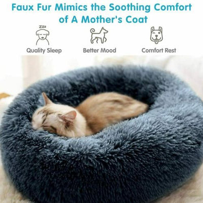 New Soft Comfy Round Faux Fur Pet Cat Dog Bed Cat Calming Cuddler Bed Indoor CA