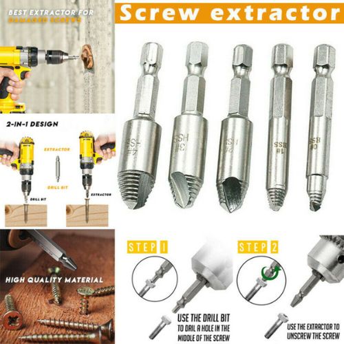 5pcs Damaged Screw Extractor Remover Set Drill Bits Out Broken Screws Bolt Kit