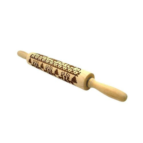 Christmas Elk Print Rolling Pin Engraved Wood Embossing Embossed for DIY Cookies