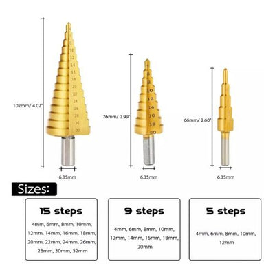 3Pcs Step Drill Bit Set High Speed Steel Titanium Coated Cobalt Steps Hole Cutter