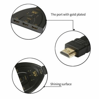 Gold-Plated HDMI Switch swicher Splitter 3 Port, Supports 4K, Full HD1080p, 3D