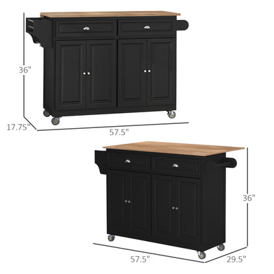 HOMCOM 58" Kitchen Island Cart Modern Drop Leaf Storage Trolley Shelf on Wheels