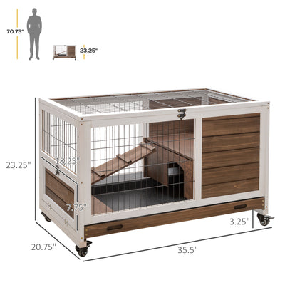 Indoor Rabbit Hutch on Wheels 35.5&quot; Bunny Cage w/ Pull Out Tray Ramp