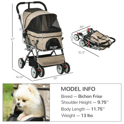 Pet Stroller Portable Carriage w/ Storage &amp; Basket Adjustable Push Handle