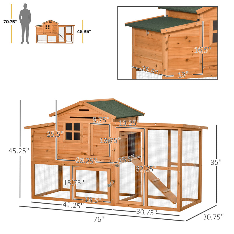 76" Wooden Chicken Coop Hen House with Outdoor Run Nesting Box Slide-out Tray