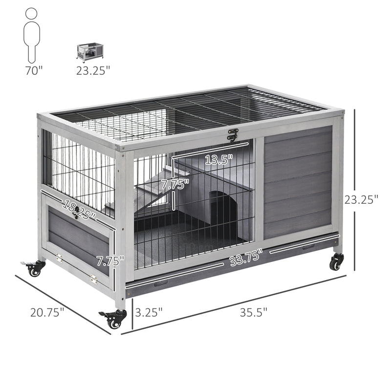 Indoor Rabbit Hutch on Wheels 35.5&quot; Bunny Cage w/ Pull Out Tray Ramp