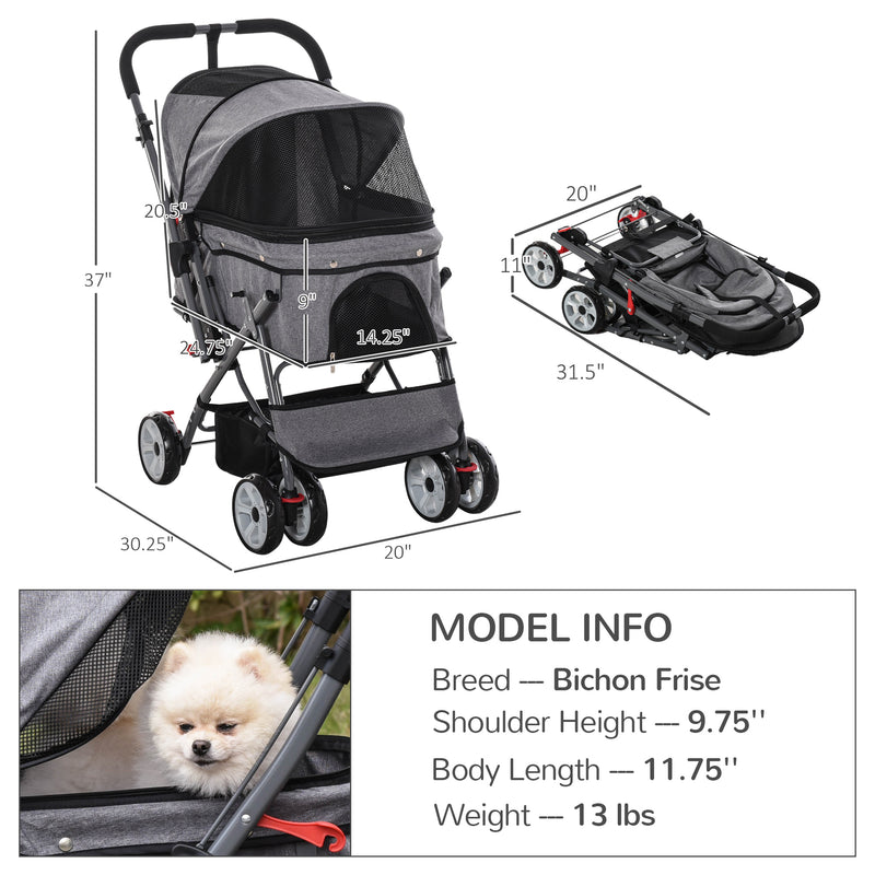 Pet Stroller Portable Carriage w/ Storage &amp; Basket Adjustable Push Handle