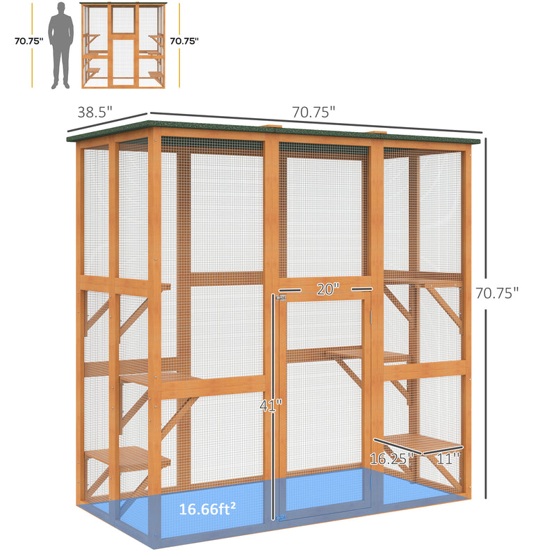 Large Catio Enclosure Shelter Cage w/ Weather Protection, 6 Cat Platforms