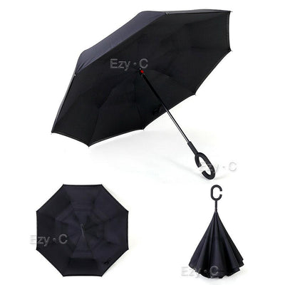 Windproof Upside Down Reverse Umbrella C-Handle Double Layer Inside-Out Inverted