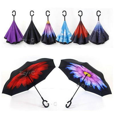 Windproof Upside Down Reverse Umbrella C-Handle Double Layer Inside-Out Inverted