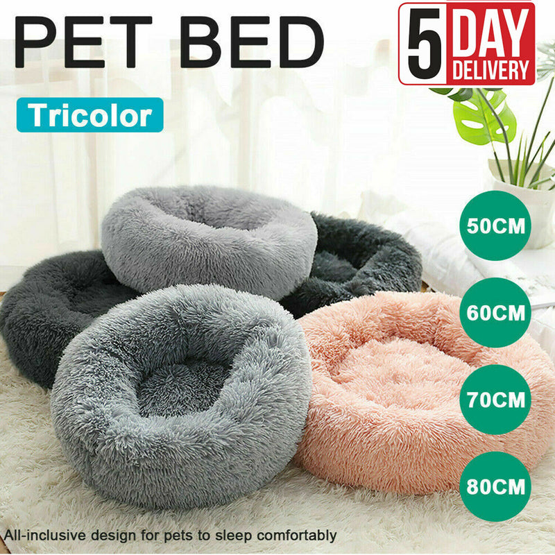 Pet Dog Cat Calming Bed Warm Soft Plush Round Nest Comfy Sleeping Kennel Cave CA