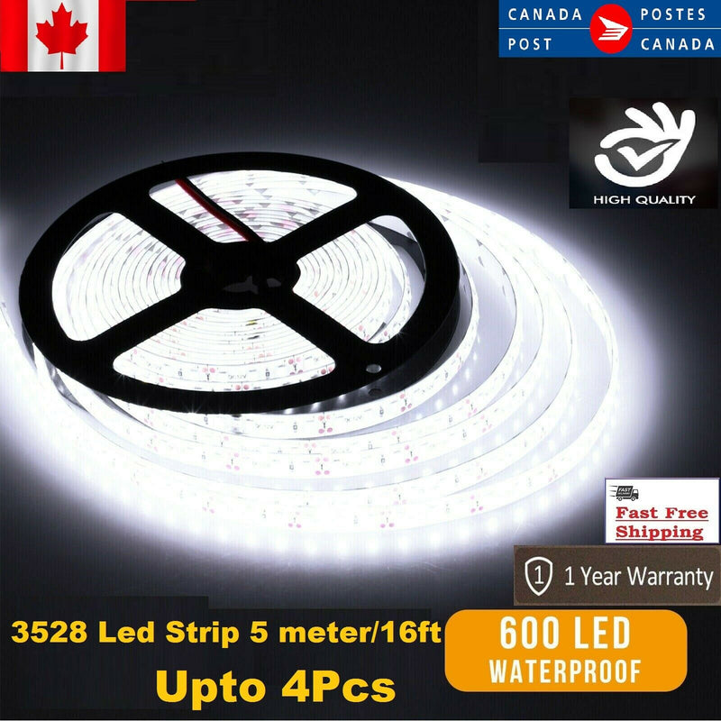 Waterproof IP65 Cool White 600 LED 3528 SMD 16Ft Led Strip Light 12V Dimmable