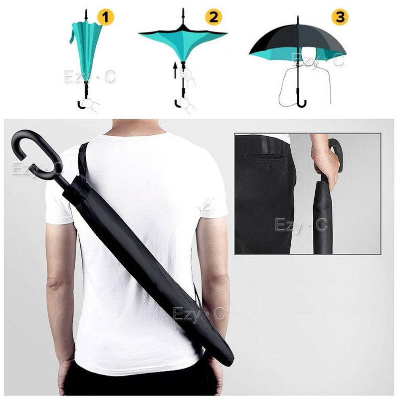 Windproof Upside Down Reverse Umbrella C-Handle Double Layer Inside-Out Inverted