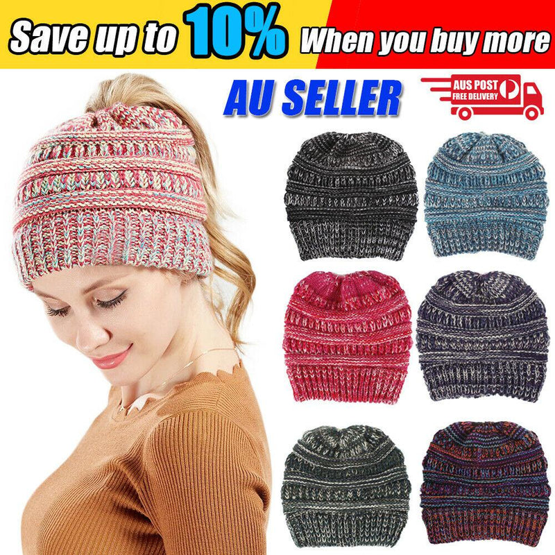 Women Girls Ponytail Beanie Soft Warm Winter Stretch Ribbed Knit Crochet Bun Hat