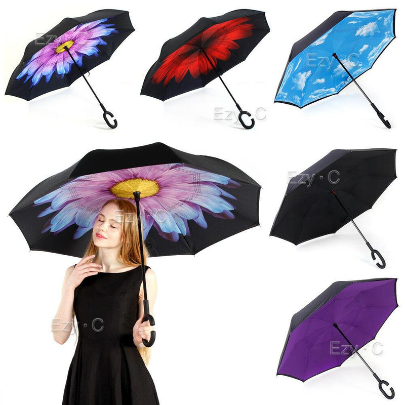 Windproof Upside Down Reverse Umbrella C-Handle Double Layer Inside-Out Inverted