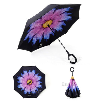 Windproof Upside Down Reverse Umbrella C-Handle Double Layer Inside-Out Inverted