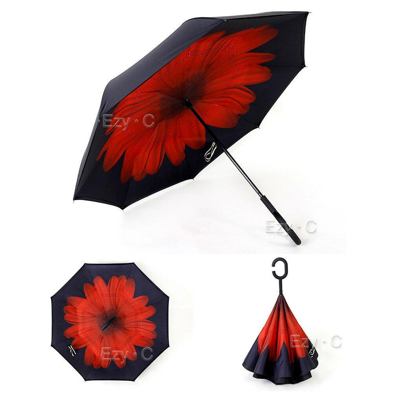 Windproof Upside Down Reverse Umbrella C-Handle Double Layer Inside-Out Inverted