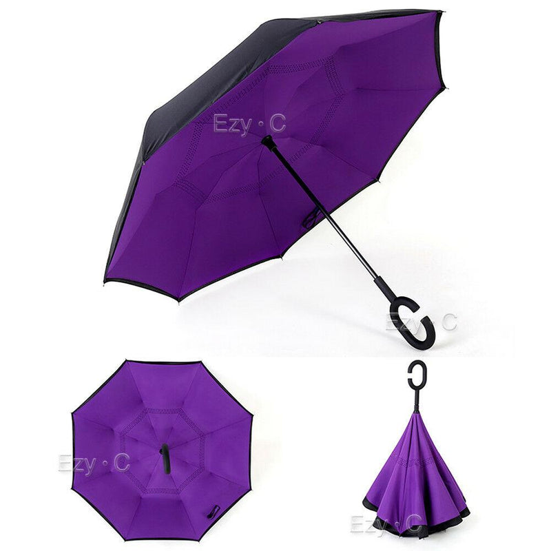 Windproof Upside Down Reverse Umbrella C-Handle Double Layer Inside-Out Inverted