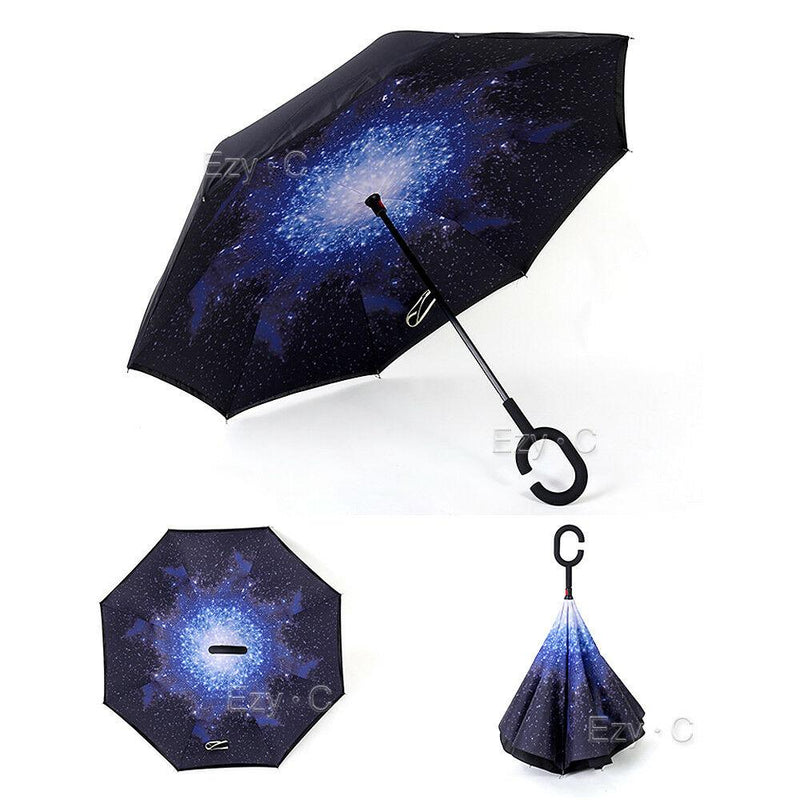 Windproof Upside Down Reverse Umbrella C-Handle Double Layer Inside-Out Inverted