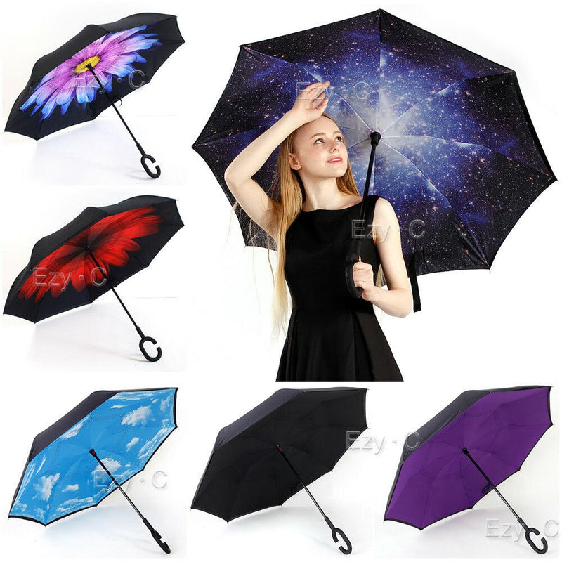 Windproof Upside Down Reverse Umbrella C-Handle Double Layer Inside-Out Inverted