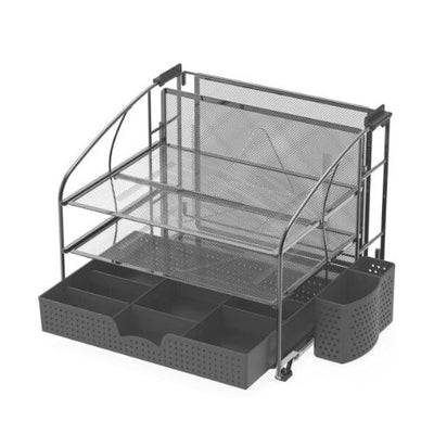 Space Saving Mesh Desk Organizer With Sliding Drawer & Hanging File Holder Black