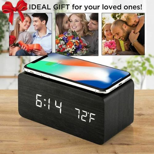 Alarm Clock With Wireless Charging Wooden Digital Bedroom Wood Electric LED CA