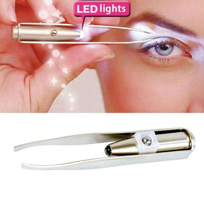 EYEBROW EYELASH TWEEZERS Built-in LED LIGHT Hair Removal Makeup Tool Slanted Tip