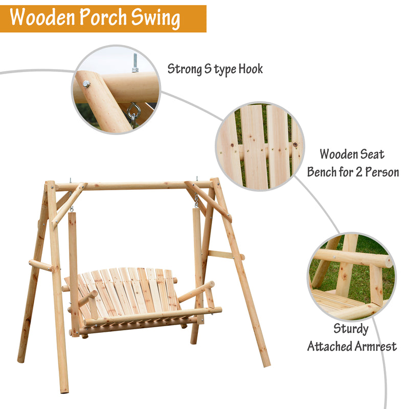 Freestanding Wood Adirondack Swing Rustic Farmhouse Style 2 Person