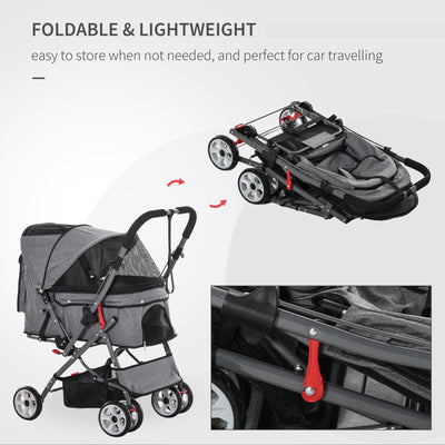 Pet Stroller Portable Carriage w/ Storage &amp; Basket Adjustable Push Handle