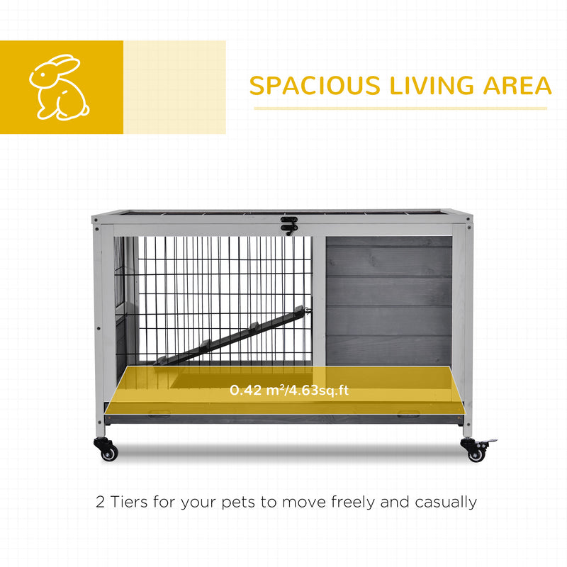 Indoor Rabbit Hutch on Wheels 35.5&quot; Bunny Cage w/ Pull Out Tray Ramp