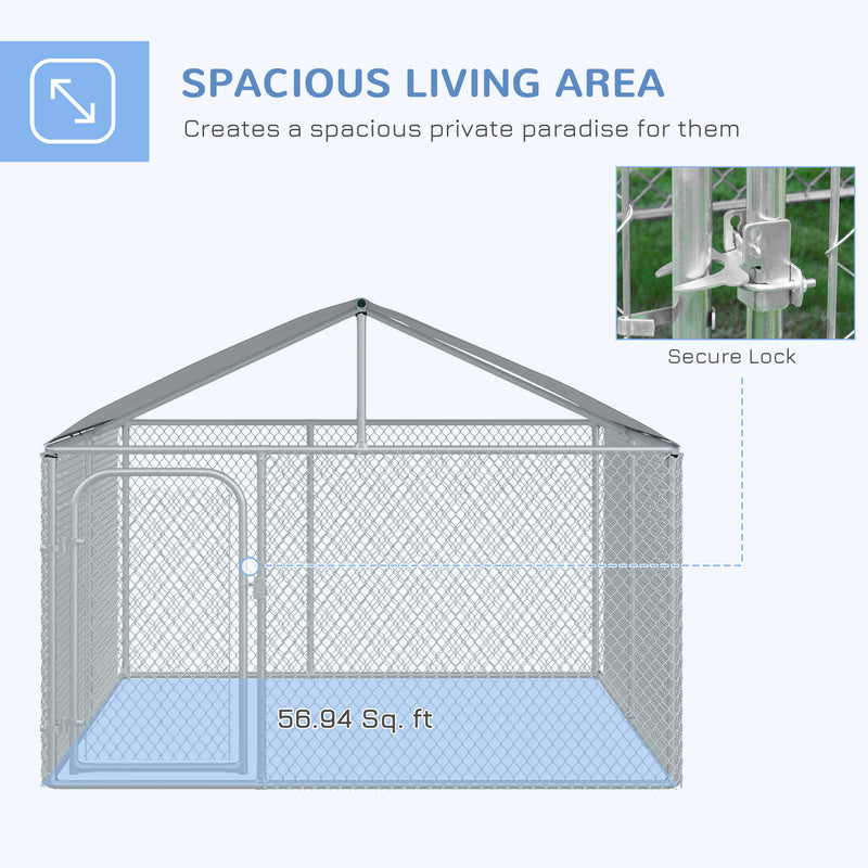 PawHut Dog Kennel Galvanized Steel Fence with Cover Outdoor