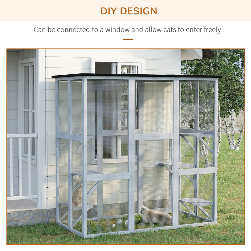 Large Catio Enclosure Shelter Cage w/ Weather Protection, 6 Cat Platforms