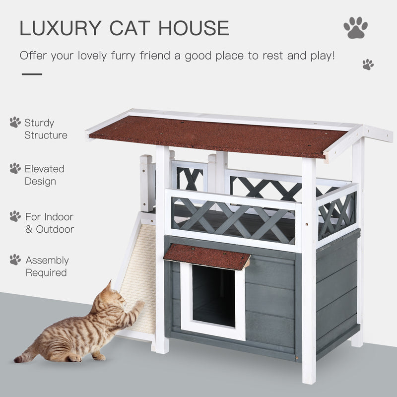 Outdoor Cat House Wood Shelter with Condo Sisal Ramp Weatherproof Outdoor/Indoor