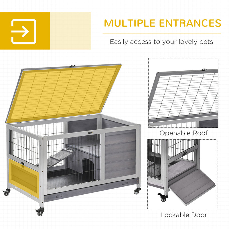 Indoor Rabbit Hutch on Wheels 35.5&quot; Bunny Cage w/ Pull Out Tray Ramp