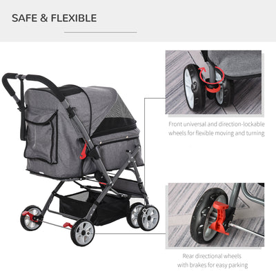 Pet Stroller Portable Carriage w/ Storage &amp; Basket Adjustable Push Handle