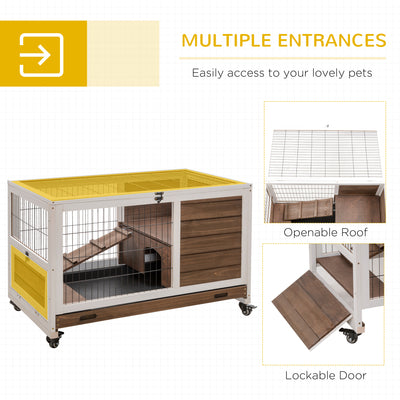 Indoor Rabbit Hutch on Wheels 35.5&quot; Bunny Cage w/ Pull Out Tray Ramp