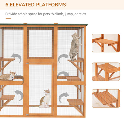 Large Catio Enclosure Shelter Cage w/ Weather Protection, 6 Cat Platforms