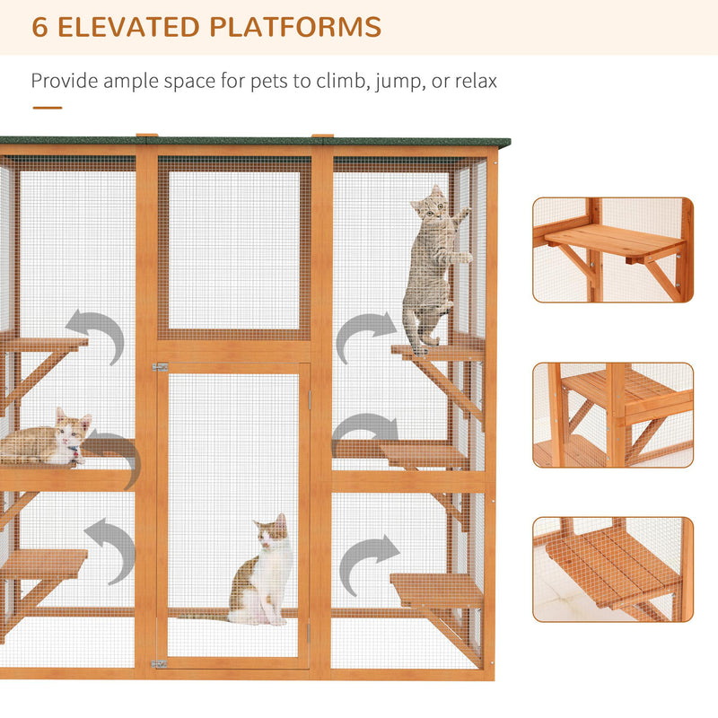 Large Catio Enclosure Shelter Cage w/ Weather Protection, 6 Cat Platforms