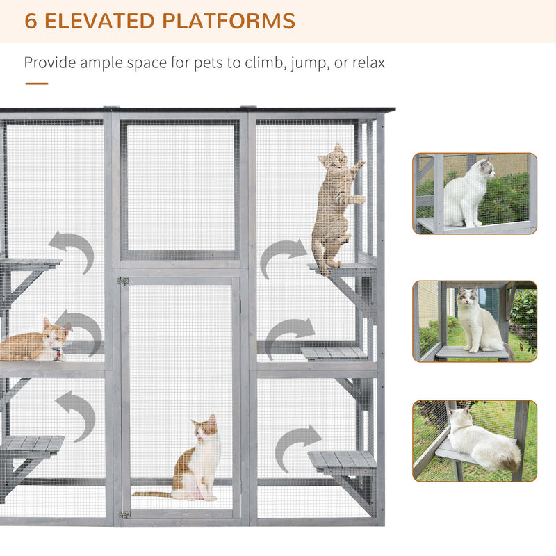 Large Catio Enclosure Shelter Cage w/ Weather Protection, 6 Cat Platforms