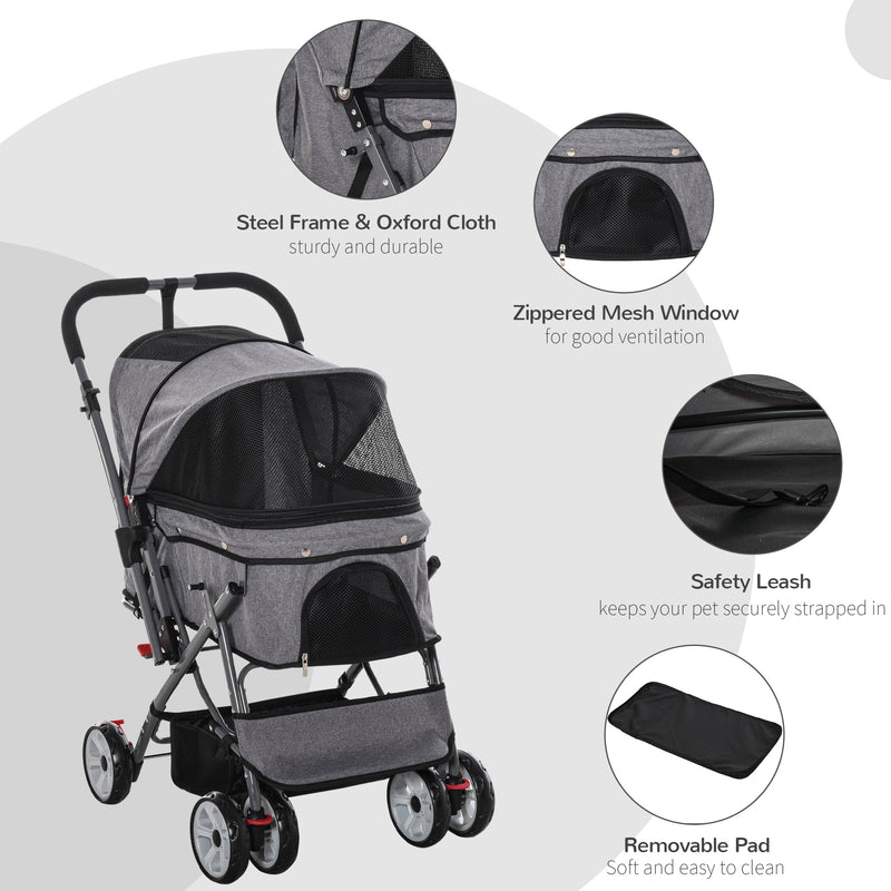 Pet Stroller Portable Carriage w/ Storage &amp; Basket Adjustable Push Handle